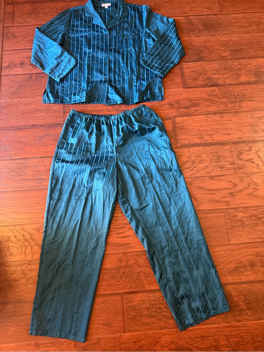 Miss Elaine Pajama Set Women Large Teal Striped Button Down 2 Piece NWOT